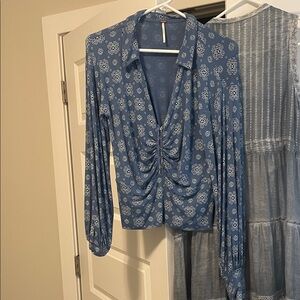 Free People Blue Floral Ruched Blouse